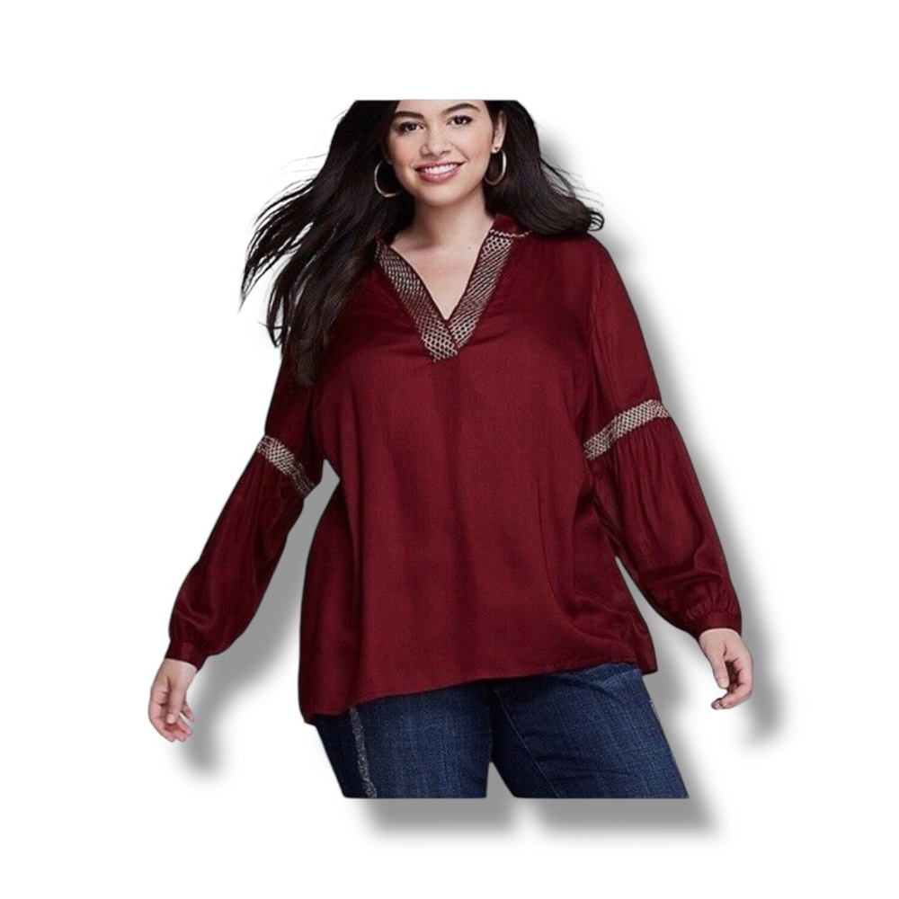 Lane Bryant Women’s Split Neck Peasant Blouse Embroidered Bohemian Artist Wine